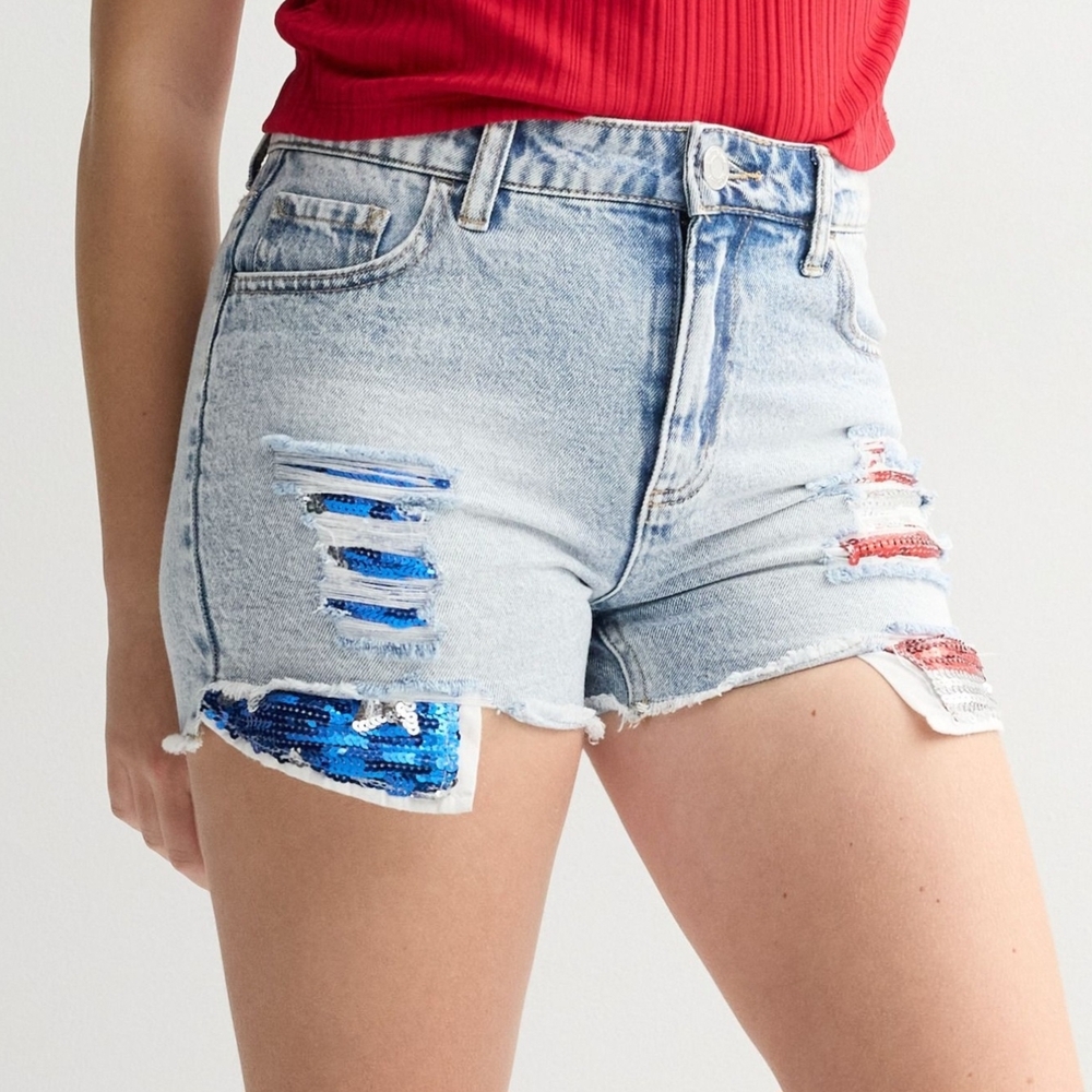 Limited Too Girl's Americana Sequin Flag Jean Distressed Shorts Red/Blue Size 16